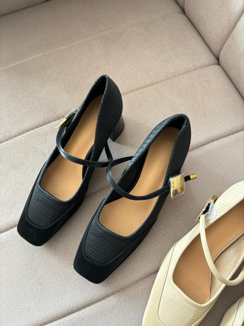 High Quality Square Toe Buckle Marry Jane Block Heels